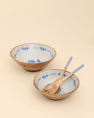 Frosted Wooden Salad Bowl with Servers - Lovedwell