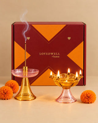 Saanjh Glow Festive Gift Box – Small Diya & Incense Stick Holder - Lovedwell