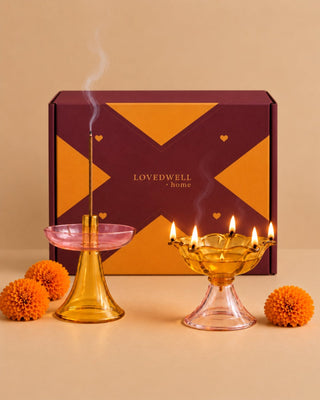 Saanjh Glow Festive Gift Box – Small Diya & Incense Stick Holder - Lovedwell