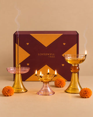 Saanjh Utsav Festive Gift Box - Small Diya, Tall Diya & Incense Stick Holder - Lovedwell